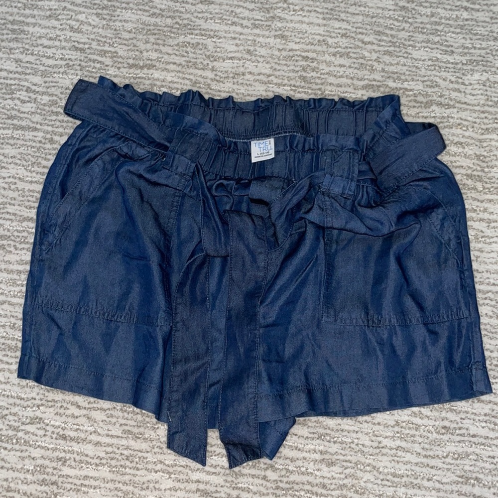 Time and Tru Paper Bag High Rise TT Tencel Pull On Removable Tie Waist Sz L Blue
